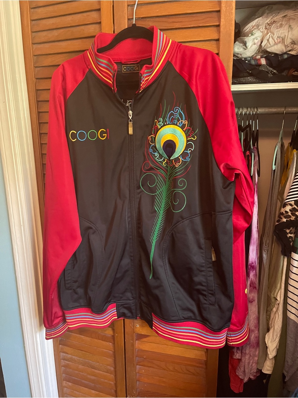 COOGI Black Jacket with Red Lining and Multicolor Embroidery